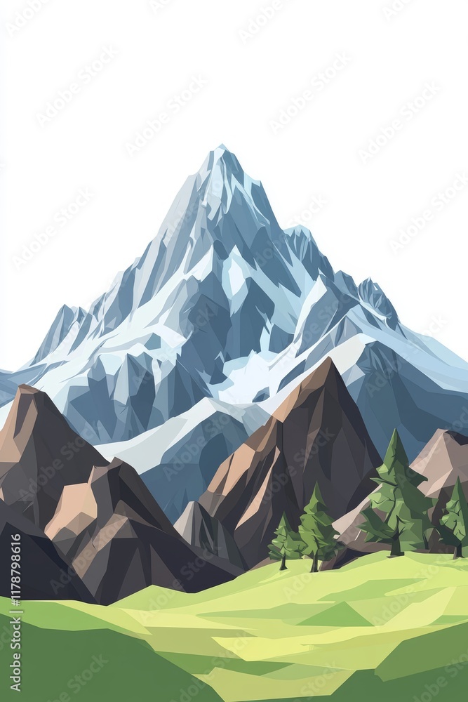 Aufkleber a mountain range with a snow covered peak and a few trees in the foreground. the mountain range is d