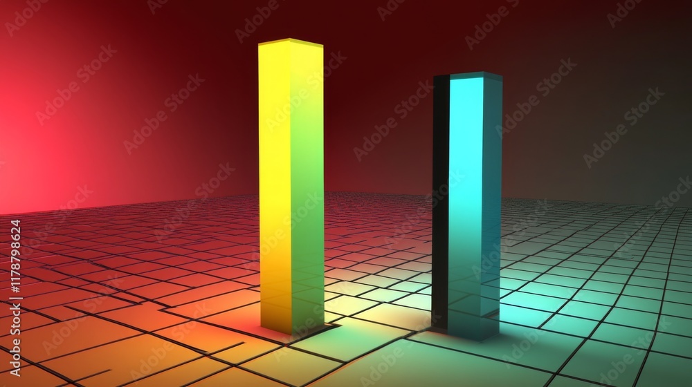 Poster colorful d bars rising from a digital grid floor, with subtle lighting and a gradient background to 