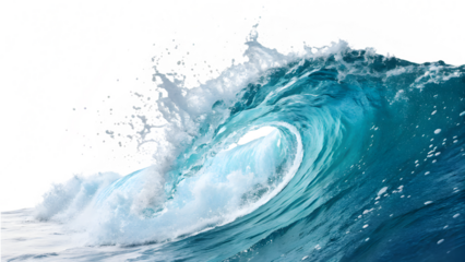Powerful blue breaking ocean waves on white background