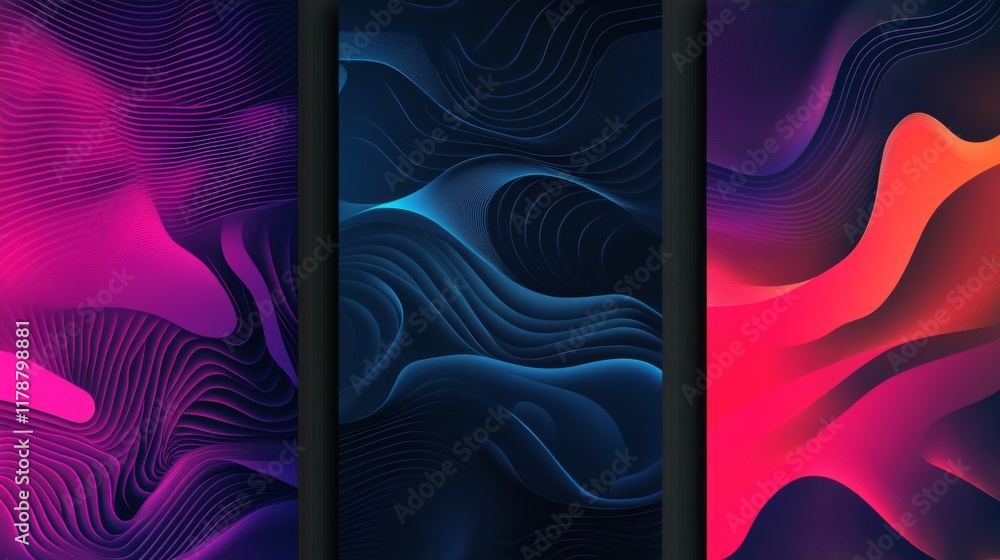 Poster colorful wave patterns with gradient effects, creating fluid, dynamic lines across a black backgroun