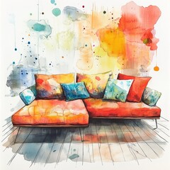 A vivid watercolor illustration of a modern sofa adorned with colorful cushions, set against an abstract artistic background.