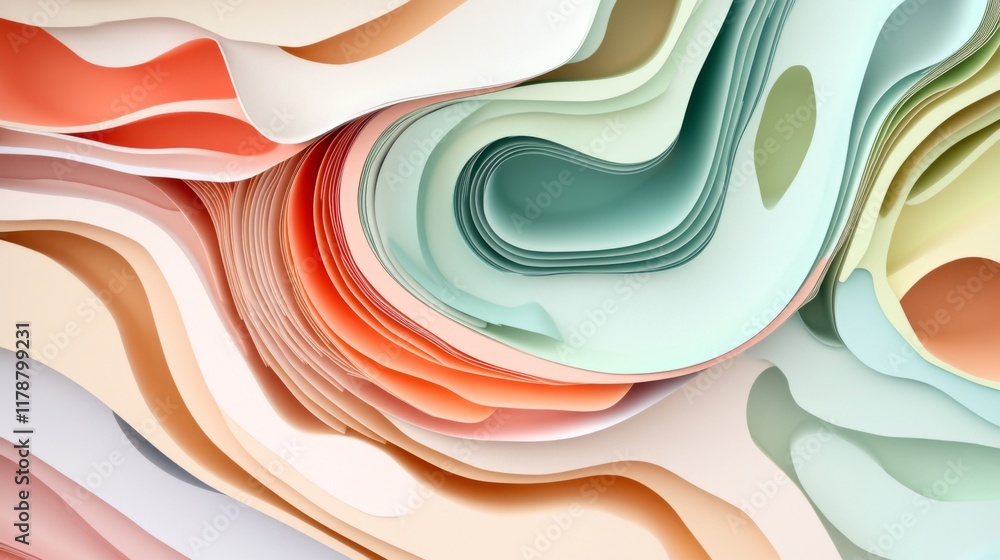 Aufkleber Creative abstract graphic featuring layered paper-cut style shapes in pastel tones, creating a D visual effect with depth and texture