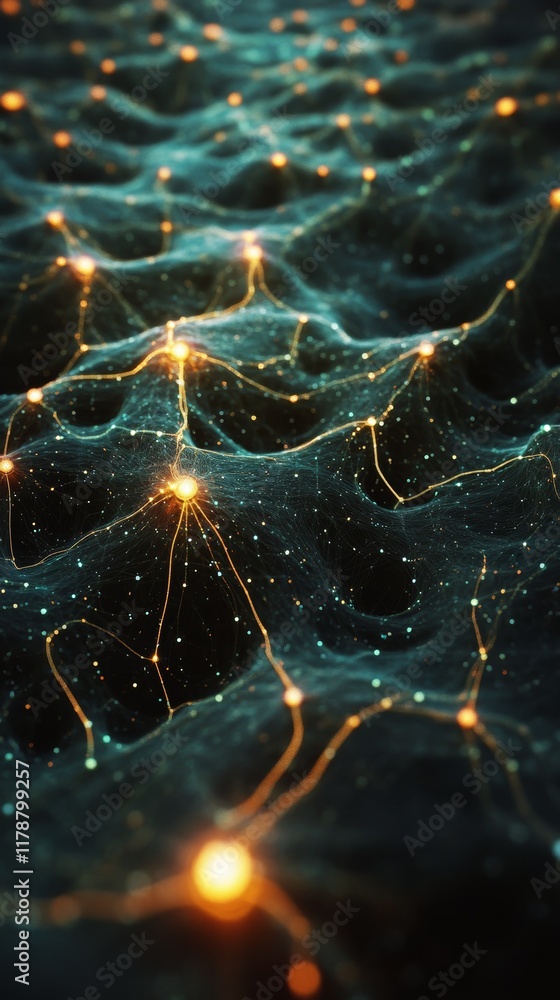 Poster dynamic and captivating image showcasing a realistic network of data points illuminated by soft, glo