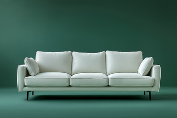 Sofa, front view, white fabric sofa with black legs on a green background, minimalist style, simple design, three seats, symmetrical composition, high-definition photography, soft