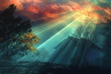 Mystical Light Beam Illuminates Surreal Landscape with Glow Effects