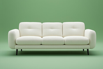 Obraz premium A front view of a white fabric, three-seater sofa with black legs against a green background. The lighting is soft, creating a simple and elegant style. This high-resolution produc