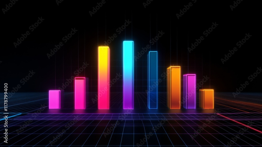 Poster dark-themed d bar chart with neon-colored bars and a digital grid base, capturing a futuristic data 