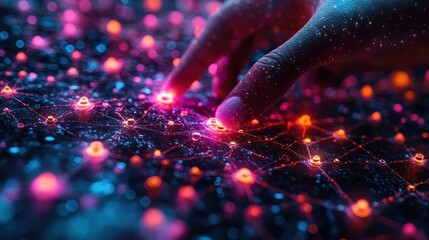 A hand interacts with a glowing digital network, symbolizing technology and connectivity.