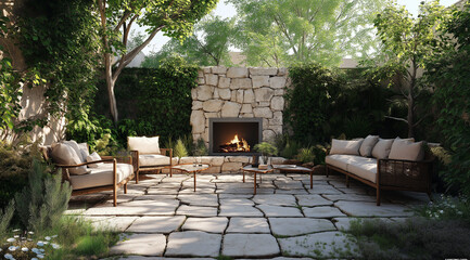 Fototapeta premium A photo of an outdoor patio with natural stone flooring, featuring comfortable seating and a fireplace set against the wall made from light-colored limestone slabs. The scene inclu