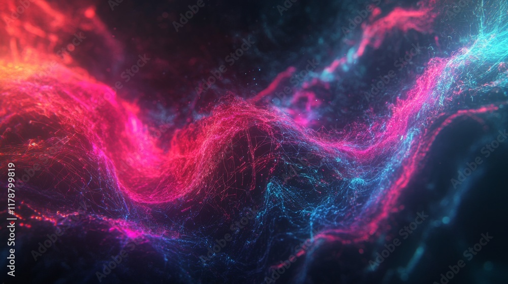Fototapete dynamic data wave in vibrant neon colors, representing digital information flow on a black backgroun