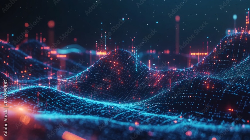 Fototapete dynamic data wave in vibrant neon colors, representing digital information flow on a black backgroun