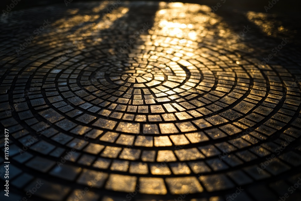 Poster A mesmerizing circular tile pattern reflects warm sunlight, creating a stunning visual effect on the ground. Perfect for artistic projects.