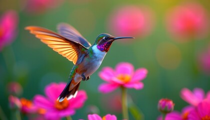 Naklejka premium Hummingbird Hovering in Flower Field