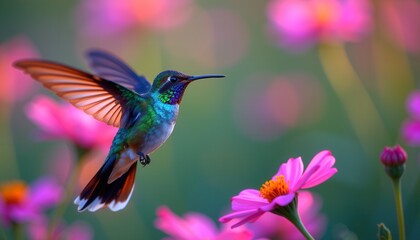 Fototapeta premium Hummingbird Hovering in Flower Field