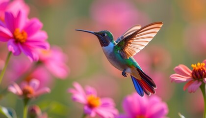 Fototapeta premium Hummingbird Hovering in Flower Field