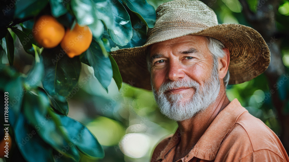 Poster active aging lifestyles visualized by a senior man participating in a community gardening event stoc