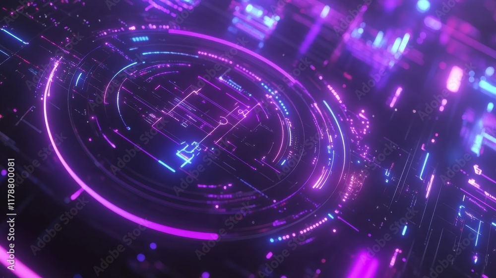 Fototapete futuristic radar-style circular graphic with bright neon lines and rotating elements on a dark tech-