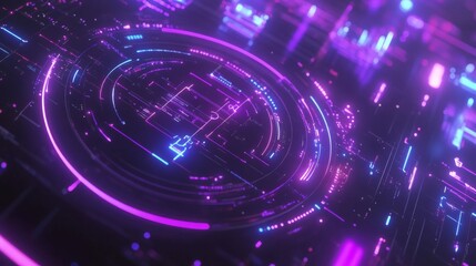 Obraz premium Futuristic radar-style circular graphic with bright neon lines and rotating elements on a dark tech-inspired background