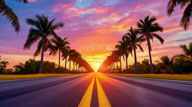 Sunset on the road with palm trees