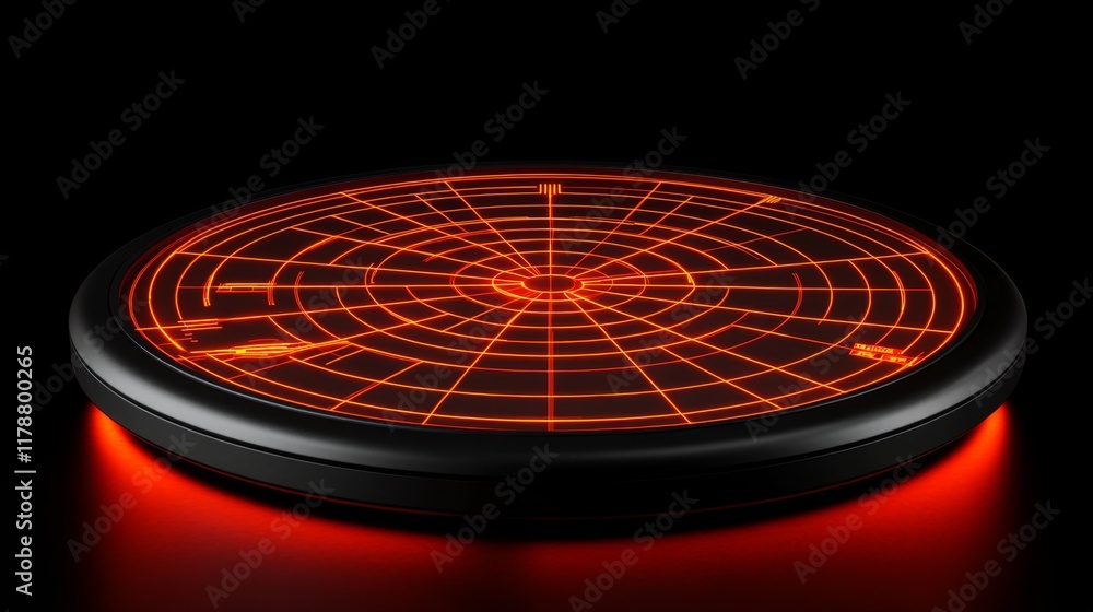 Fototapete futuristic radar-style circular graphic with bright neon lines and rotating elements on a dark tech-