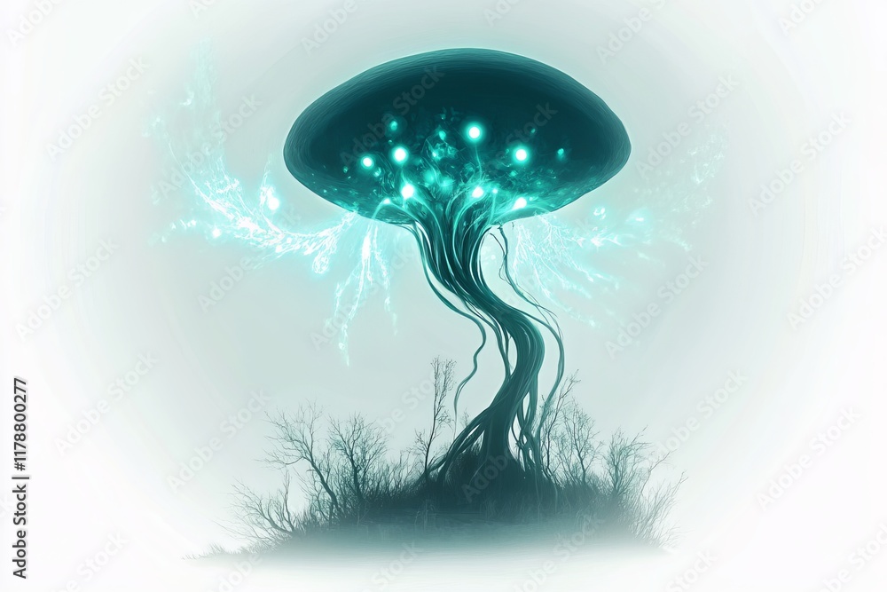 Poster tree with many branches and leaves is lit up in blue and green. the tree is surrounded by a white ba