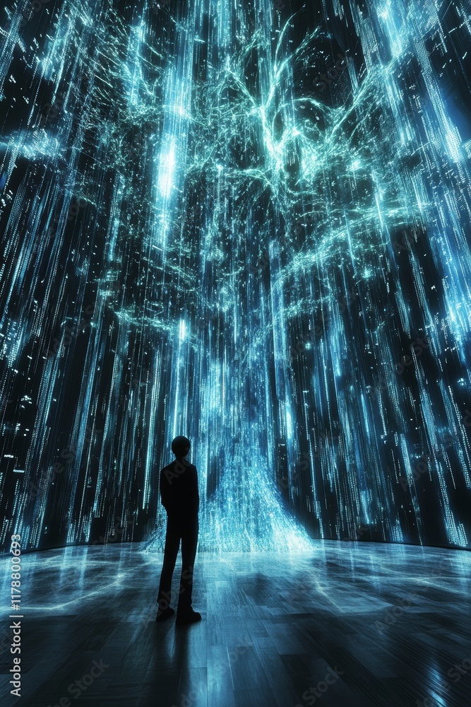 Poster surreal digital landscape with streams of data representing dreams and technology in a futuristic sc