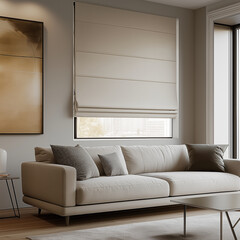 Fototapeta premium Roman blinds in a light gray-beige color