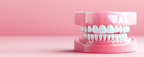 A pink dental model displaying a set of white teeth, highlighting dental health and hygiene.