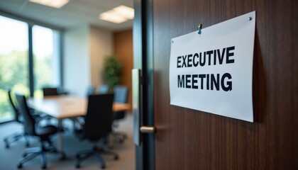 A corporate meeting room with a CLOSED FOR EXECUTIVE MEETING sign on the door.