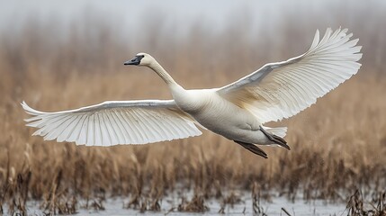 Fototapeta premium Tundra swan in flight over wetland, wings spread wide, autumn background; nature photography.