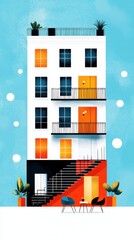 A colorful, modern illustration of a multi-story building with vibrant doors, balconies, and potted plants against a bright blue background.