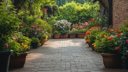 Peaceful walkway surrounded by vibrant potted plants and lush greenery