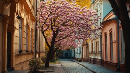 Fototapeta premium Quiet cobblestone street with pink blooming tree in spring