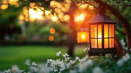 Lanterns on branches illuminate blooming garden at sunset