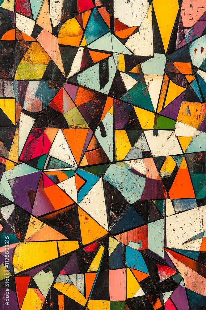 Poster a vivid abstract geometric pattern featuring colorful triangles and shapes on a textured background,