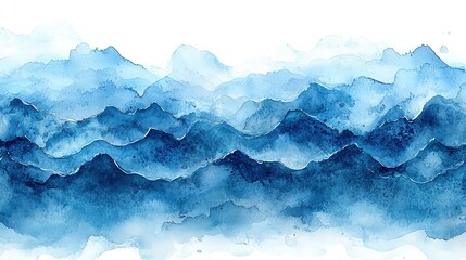 Watercolor illustration of layered blue mountains and waves.