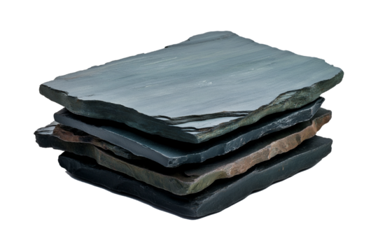 A rectangular garden decoration rock made of slate, The rock has a distinctive flat, stacked appearance with thin layers of slate in shades of charcoal gray and deep green