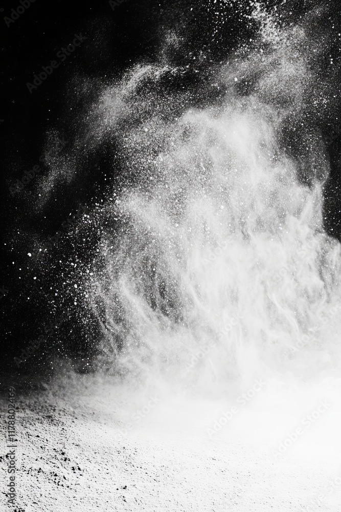 Poster dynamic capture of white powder in motion, creating an abstract cloud against a black background, hi