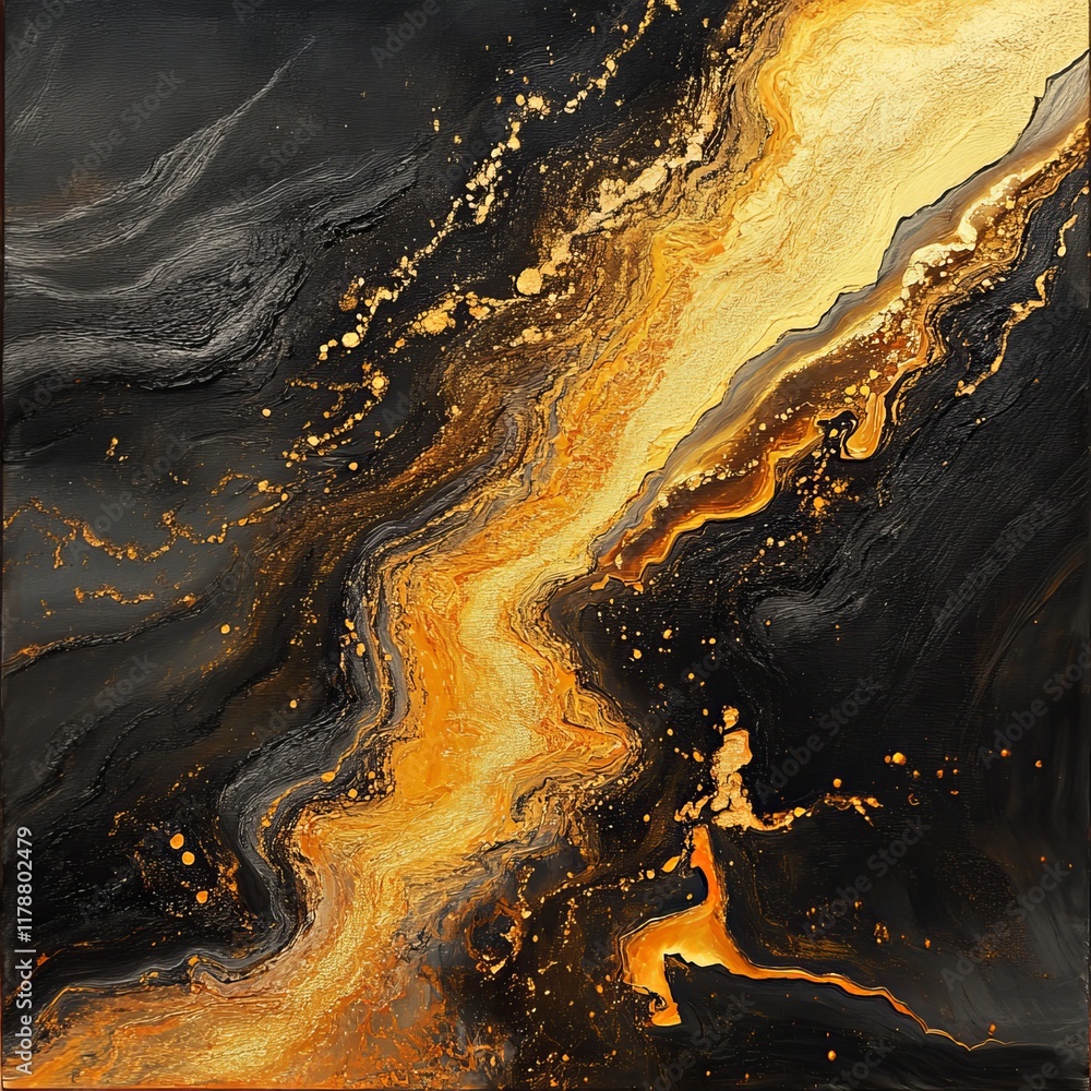 Poster dynamic abstract fluid art featuring vibrant gold and black swirls, creating a striking and energeti