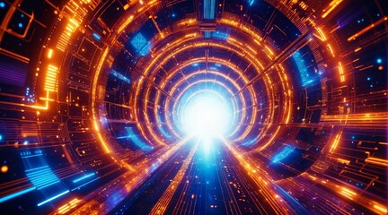 Obraz premium Futuristic Glowing Tunnel with Bright Light at the End and Digital Energy Patterns
