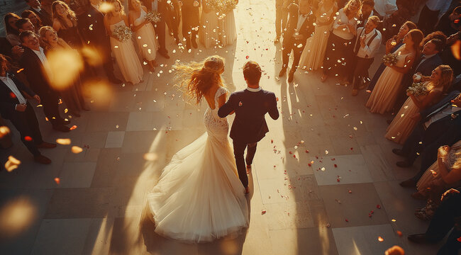 A bride and groom dancing in the middle of their wedding party, a top-down shot, with bright sunlight. 