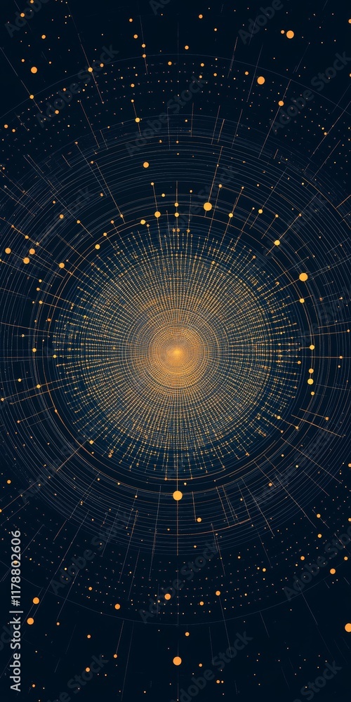 Poster circular data points radiating in a complex layout with patterns in a dark background