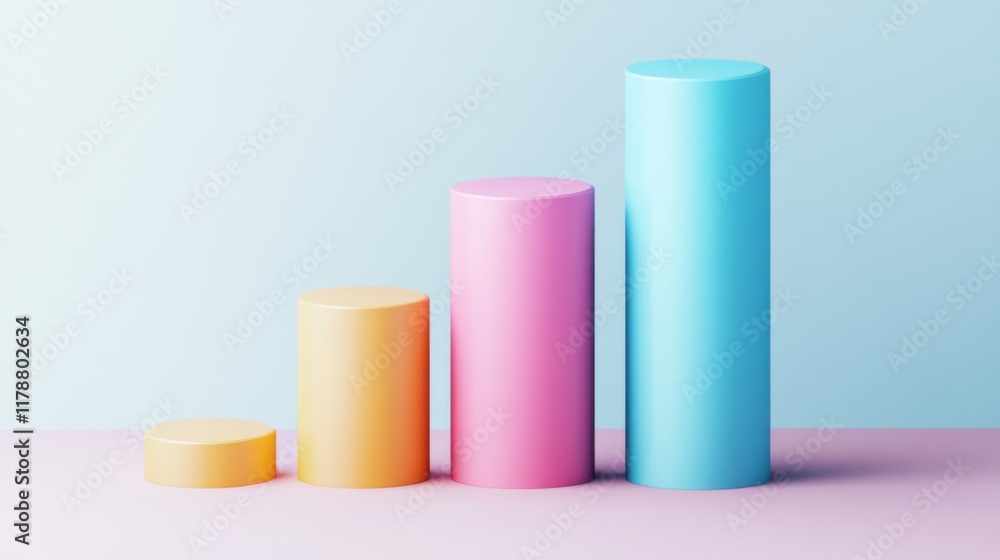 Poster minimal d bar graph in pastel colors, with shadows cast across a white background, creating a soft a