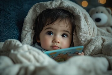A child snuggles under a warm blanket while the babysitter reads a colorful storybook aloud