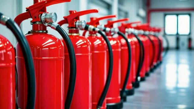 A row of red extinguisher at factory