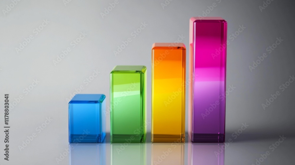 Poster multi-colored d bar graph on a glossy surface, with each bar casting distinct shadows, giving a shar
