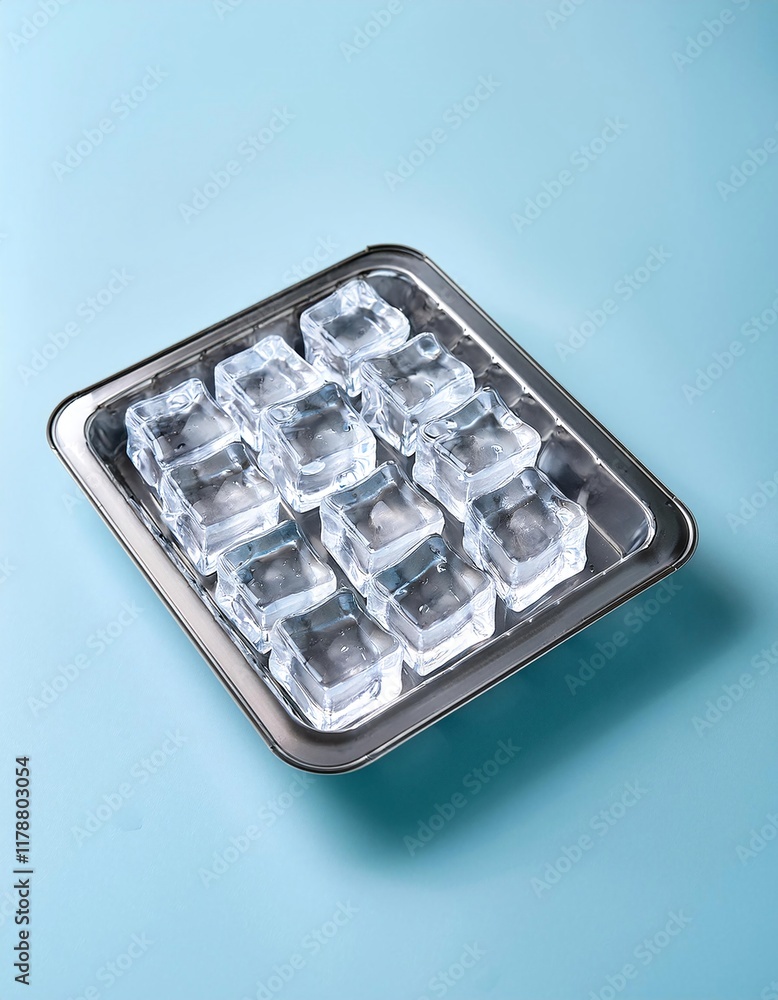 Poster clear ice cubes in a tray on a light blue background