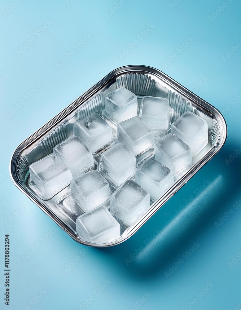 Poster clear ice cubes in a tray on a light blue background