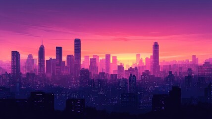 Fototapeta premium Vibrant evening cityscape with colorful sunset, modern buildings, and glowing skyline