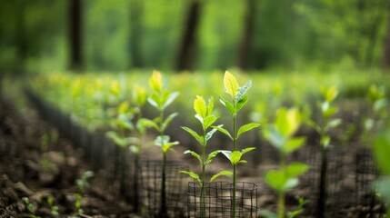 Rows of protective wire cages surrounding young saplings in a reforestation area, ensuring their growth and safety in a rehabilitated forest